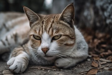 A stray cat is blurry in focus and laying on the roadway. Generative AI