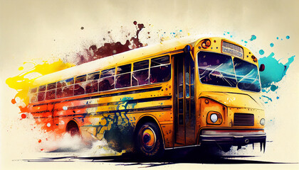 Yellow school bus speeds through vibrant city streets ,generative AI - obrazy, fototapety, plakaty