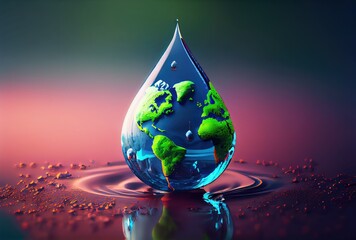 Fototapeta premium Earth in water drop shape dropping on the ground background. Environment and World savings concept. Digital art illustration. Generative AI