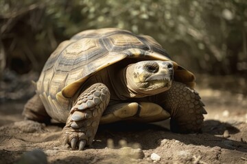Fototapeta premium Natural Environment of the African Sulcata Tortoise, close up of an African spurred tortoise relaxing in the garden a spurred tortoise sunbathes on the ground while wearing a shell for protection