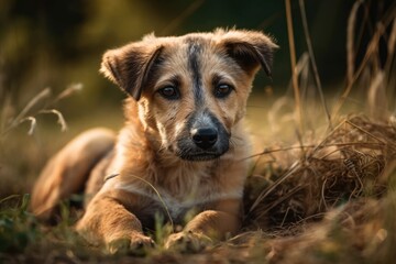 A picture of a mixed breed puppy resting on grass. Generative AI