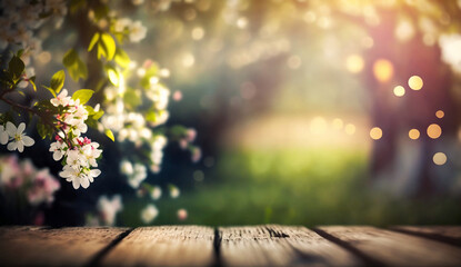 Naklejka na ściany i meble Spring Time - Blossoms On Wooden Table In Green Garden With Defocused Bokeh Lights And Flare Effect IA generativa”