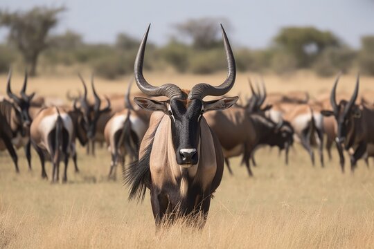 Blesbok with Black Wildebeest on the Southern African savannah. Generative AI