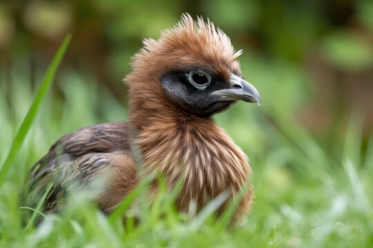 Brown Silkie Hen, also known as Silky Chicken, is moving around and foraging in the grass. Generative AI