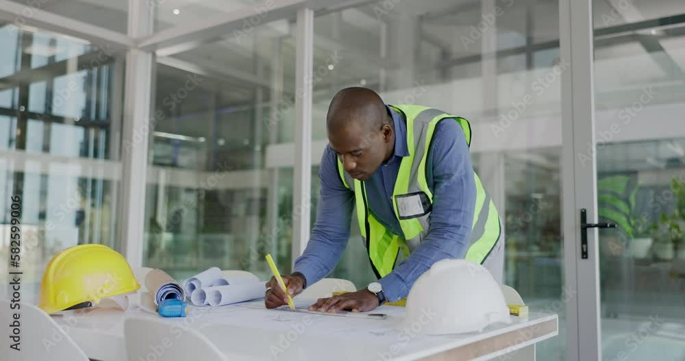Poster serious architecture man drawing blueprint lines with design process, planning development and build