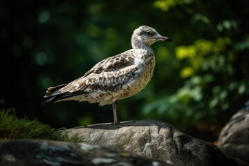 Obraz premium a young gull perched on a rock and anticipating the arrival of his mother with some fish. Generative AI