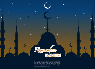 Ramadan Kareem illustration with mosque silhouette and starlight and moon, Background Business Label, Invitation Template, social media, etc. ramadan kareem themed flat vector illustration.