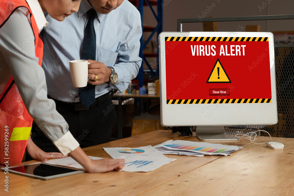 Poster virus warning alert on computer screen detected modish cyber threat , hacker, computer virus and mal