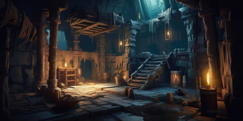 Naklejka premium Dungeon, underground labyrinth, game world, digital illustration, AI generated