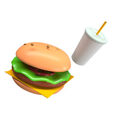 Hamburguesa y soda 3d en fondo transparente 