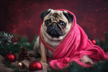 Pink dress wearing pug Puppy with blanket sitting near Christmas tree. Generative AI