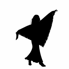 Girl with a headscarf dances in a long skirt, shirt and boots. Silhouette.
Illustration of a girl with her arms raised to the sides. 
Illustrations of women. 