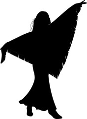 Girl with a headscarf dances in a long skirt, shirt and boots. Silhouette.
Vector illustration of girl with her arms raised to the sides. 
Illustrations of women in vector.
