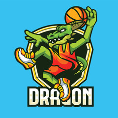 Vector illustration of dragon mascot with basketball player pose with sport logo style