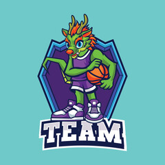Vector illustration of dragon mascot with basketball player pose with sport logo style