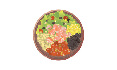 Vegetarian Vegan Olive Cherry Tomato Chickpea Corn Shrimp Seafood Salad Poke Vector Illustration
