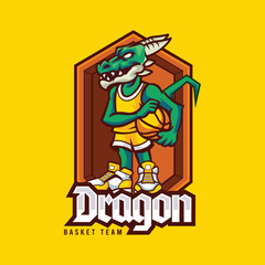 Vector illustration of dragon mascot with basketball player pose with sport logo style