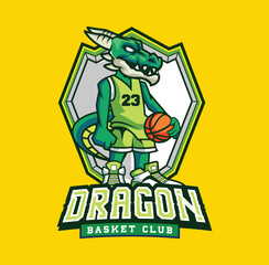Vector illustration of dragon mascot with basketball player pose with sport logo style