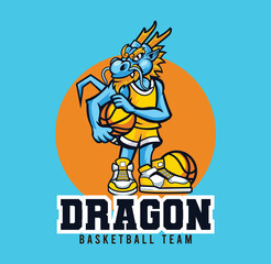 Vector illustration of dragon mascot with basketball player pose with sport logo style