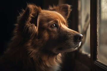 Brown dog guarding the house is fixated on something that is hazy and softly focused. Generative AI