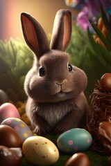 Fototapeta na wymiar cute easter bunny with colorful easter eggs