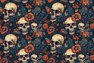 Poster seamless pattern with skulls and flowers on background with texture. Generative AI illustration © alexkoral