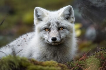 Fototapeta premium A young male Arctic Fox sits down (Vulpes lagopus). Generative AI