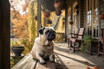 Autumn themed large dog on a country house veranda. comfortable lighting. Generative AI