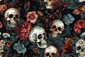 seamless texture skulls with flowers on dark background. Generative AI illustration