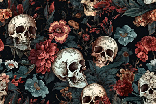 seamless texture skulls with flowers on dark background. Generative AI illustration - Powered by Adobe