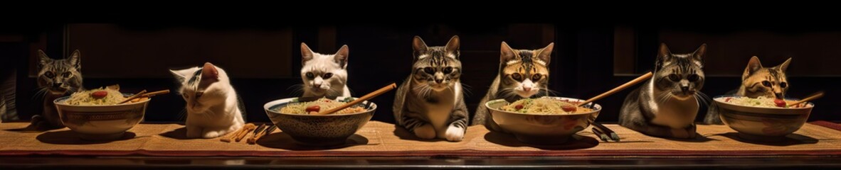 Cats eating ramen at a long table, enjoying a meal together, generative ai