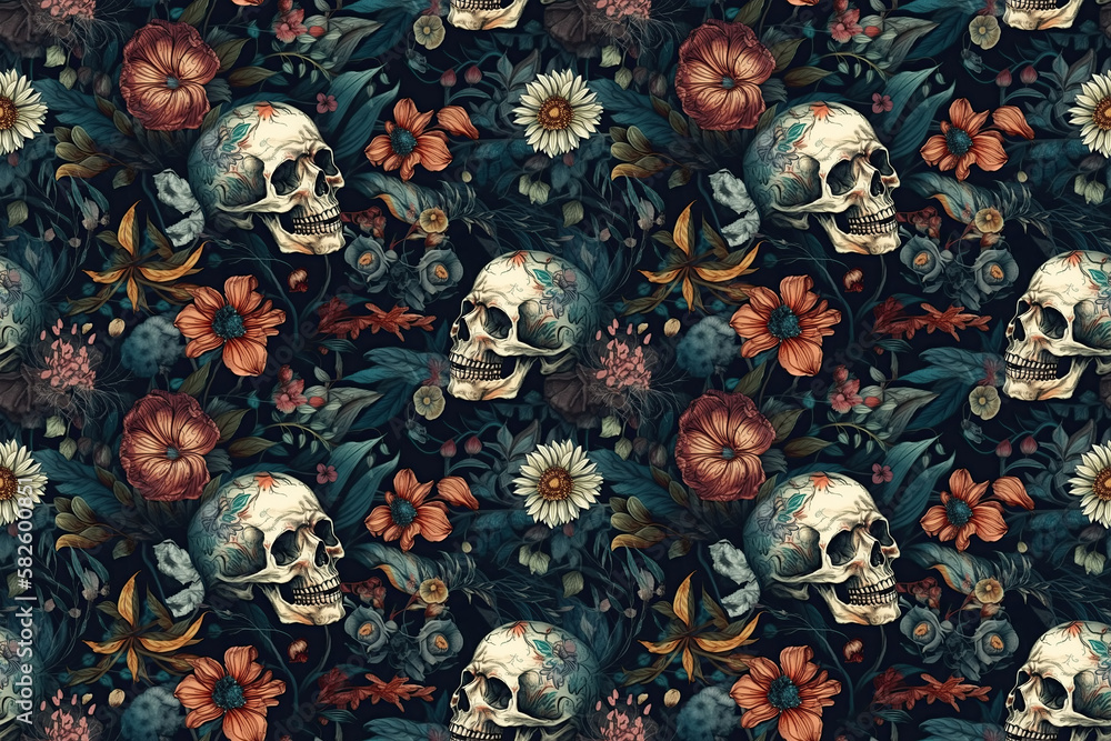 Wall mural seamless pattern with skulls and flowers on background with texture. generative ai illustration