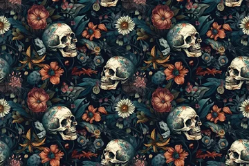 Papier Peint photo Crâne aquarelle seamless pattern with skulls and flowers on background with texture. Generative AI illustration