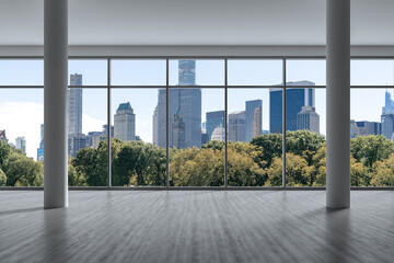 Empty room Interior Skyscrapers View Cityscape. Central Park Midtown New York City Manhattan Skyline Buildings from Window. Beautiful Expensive Real Estate. Day time. 3d rendering.