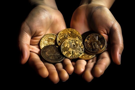 Hands Full of Gold Coins, Reflecting Richness, Abundance, Finances, Prizes, Saving, Treasures, between another interpretations, generative ai