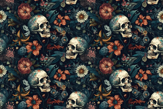 seamless pattern with skulls and flowers on background with texture. Generative AI illustration