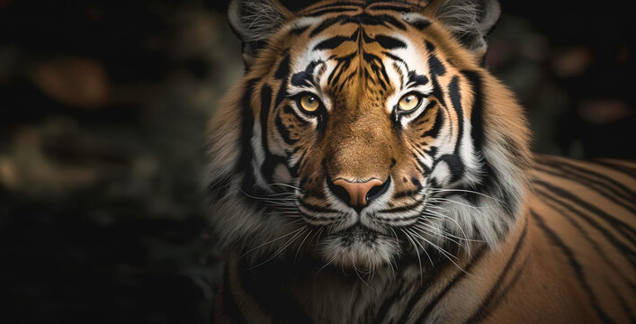 Tiger in the wild, making eye contact.  Close up head image created with generative ai.