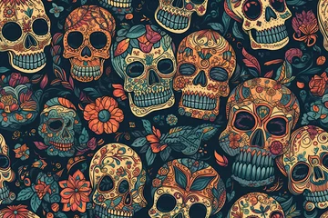 Fotobehang seamless pattern with skulls and flowers on a background. Generative AI illustration © alexkoral