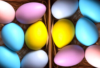 Easter colored eggs in boxes. Easter details