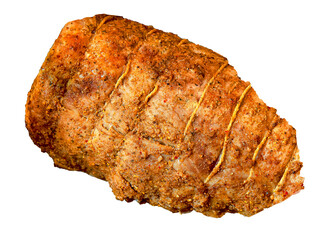 Baked a large piece of pork meat in spices and wrapped with threads isolated