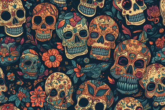 seamless pattern with skulls and flowers on a background. Generative AI illustration