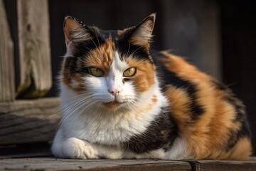 Obraz premium Medium haired calico cat curled up on the rustic wooden deck. Generative AI