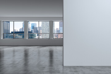 Downtown Philadelphia City Skyline Buildings from High Rise Window. Beautiful Expensive Real Estate overlooking. Empty room Interior. Mockup wall. Skyscrapers Cityscape. Day. Penn. 3d rendering.