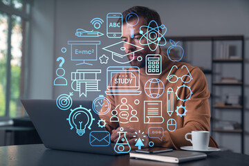 Thoughtful businessman in casual wear typing on laptop at office workplace. Concept of hard work,...