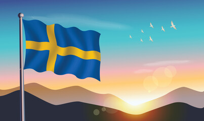 Sweden flag with mountains and morning sun in background
