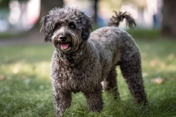 Close up of a trained dog, a gray shaggy poodle, standing on its hind legs while strolling in a park. Generative AI