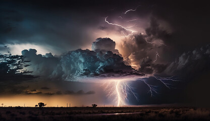 Dramatic sky, thunderstorm, lightning strike at night ,generative AI