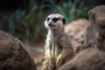 Fototapeta premium On a rock, a meerkat. Generative AI