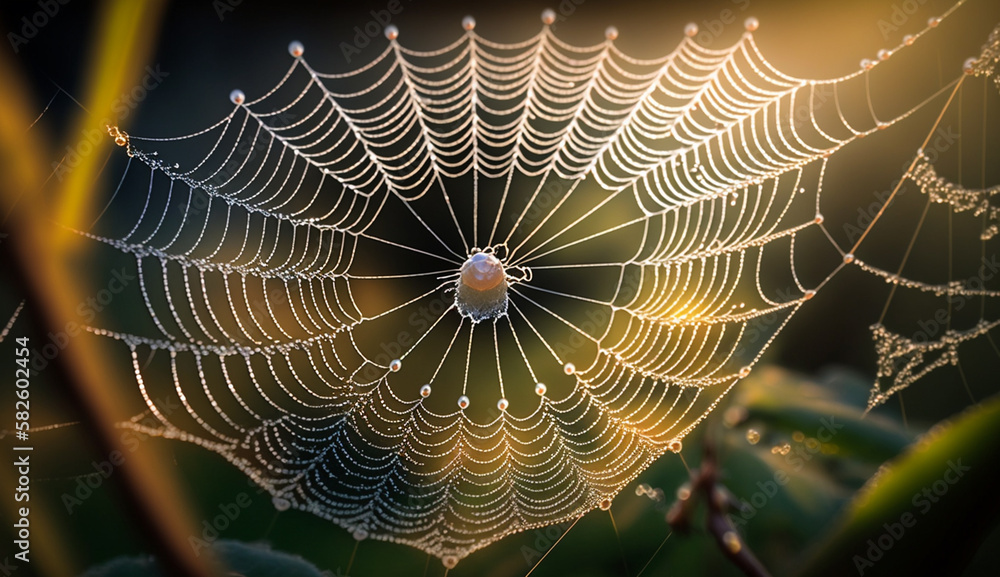 Poster spider web traps dew drop on leaf ,generative ai