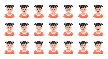 Facial expression of a beautiful black-haired girl. Set of different emotions of a cute white child. Smile, happiness, anger, joy, surprise, fear, etc.